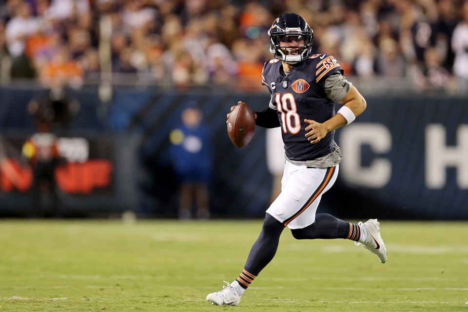 CHICAGO, ILLINOIS - SEPTEMBER 08: Caleb Williams #18 of the Chicago Bears looks to pass during the game against the Minnesota Vikings at Soldier Field on September 08, 2025 in Chicago, Illinois. (Photo by Michael Reaves/Getty Images)